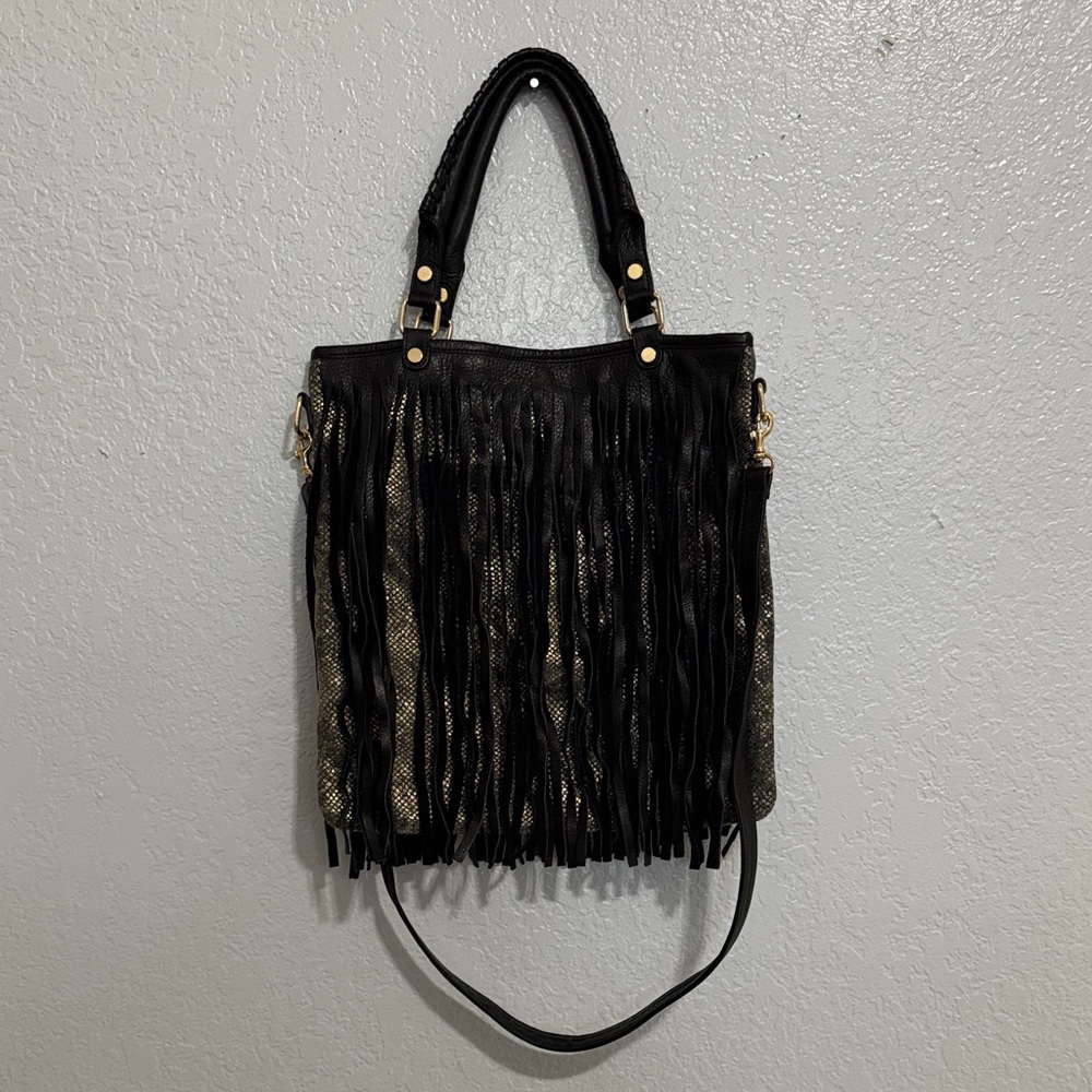 B-Low the Belt Black and Gold Fringe Crossbody Bag